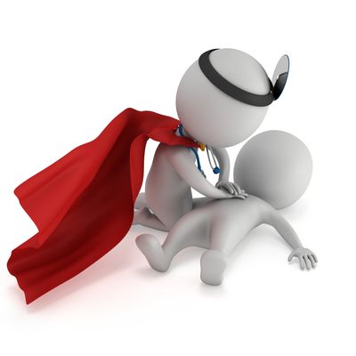an animated person with a red cape performing chest compressions on another body laying down