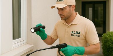 Pest control technician inspecting a house exterior with flashlight and spray equipment.