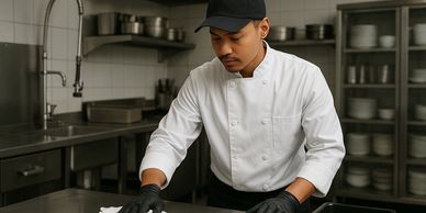 Chef in white uniform cleaning stainless steel kitchen counter with a cloth.