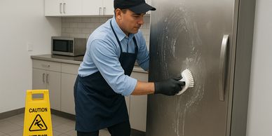 A man in gloves scrubbing a stainless steel refrigerator door.