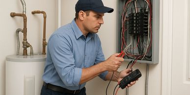Electrician checking a circuit breaker panel with a multimeter.