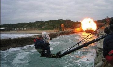 In Italy blowing up the pirate boat after rescuing Bud Cort in Wes Anderson's LIFE AQUATIC.