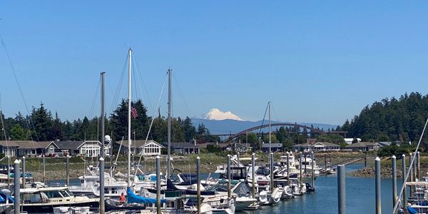 Boats docked at a marina with a snowy mountain and a bridge in the background under clear blue skies.
