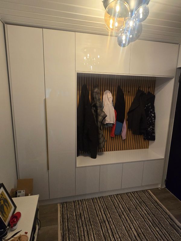 Modern entryway with coat hooks, a patterned rug, and a unique ceiling light fixture.