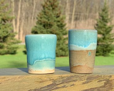 photo of turquise dip with cream top glaze on two different clay types