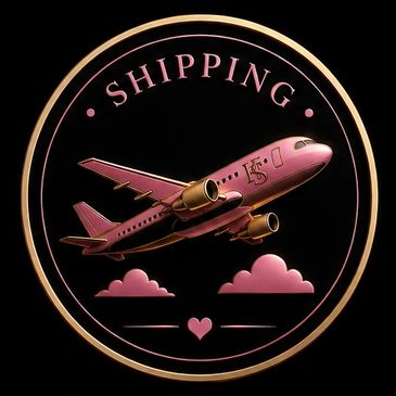 Logo of a pink airplane with the word 'SHIPPING'.