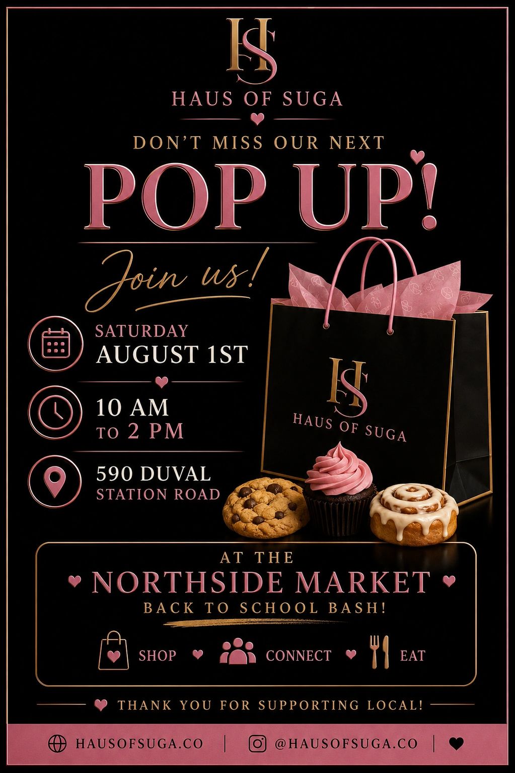 Haus of Suga pop-up event announcement on August 1st.