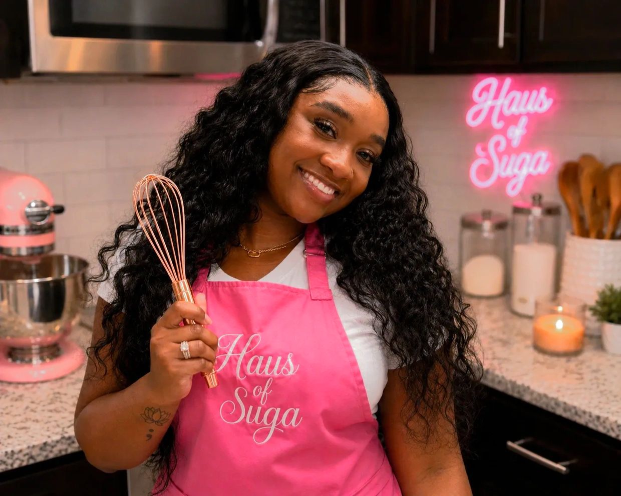 Woman in pink apron holding a whisk, smiling in a kitchen.