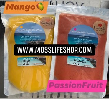 Fruit Infused Sea Moss packages laying side by side Mango and PassionFruit 