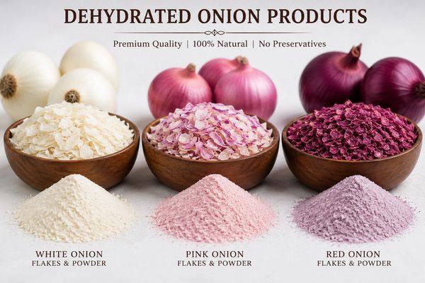 Dehydrated onion products including white, pink, and red onion flakes and powders.