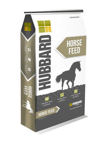 Bag of Hubbard horse feed with horse silhouette and product details.