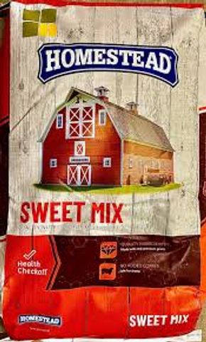 Homestead Sweet Mix pet food bag with barn illustration.