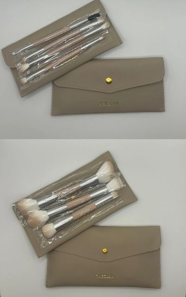 Two sets of beige Sheglam makeup brushes with cases on a white surface.