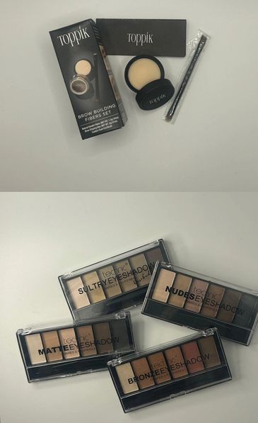 Toppik brow fibers set with brush and four Technic eyeshadow palettes in various shades.
