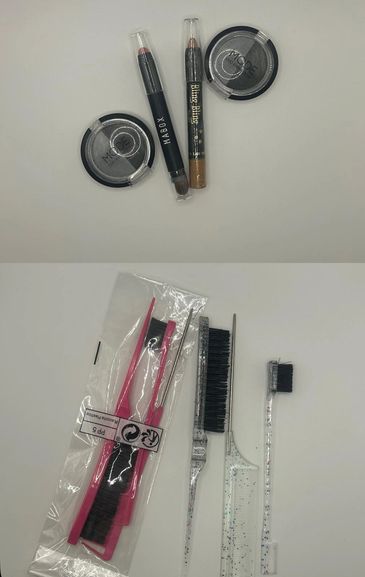 Various makeup products and brushes arranged on a white surface.
