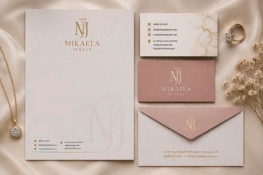 Elegant Mikaela Jewels stationery with gold accents and soft pink tones.