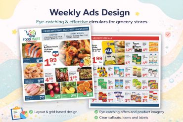 Colorful weekly grocery store ads featuring fresh produce and products with clear prices and offers.