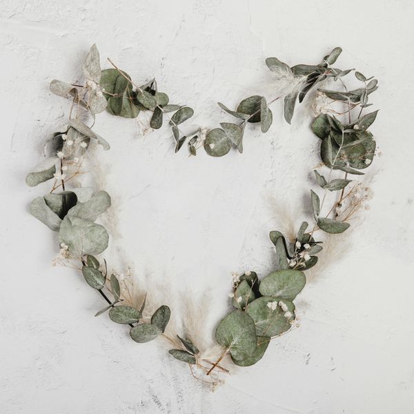 Heart shape made of eucalyptus leaves and small flowers.