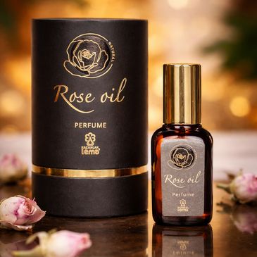Elegant rose oil perfume bottle with matching black and gold packaging.