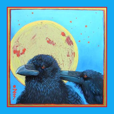 Telling Secrets Oil painting of ravens by Karen Clarkson