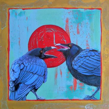 Yakity Yak oil painting of ravens by Karen Clarkson