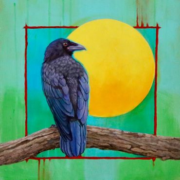 Raven Returns oil painting of raven by Karen Clarkson