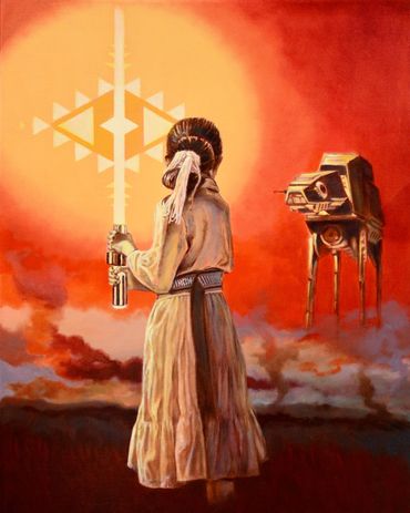 Navajo Girl fighting with cultural life saber in Star Wars scene