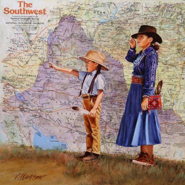 Two young Navajo children on a hunt for treasures. Painted on a 1982 National Geographic Map, mounte