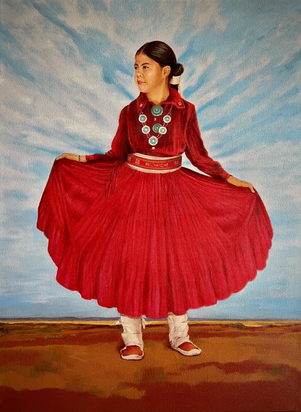 Young Navajo girl showing off her new skirt on a glorious morning.