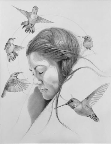 My Heart Soars graphite portrait of Night Zamora with humming birds 2018 by Karen Clarkson
