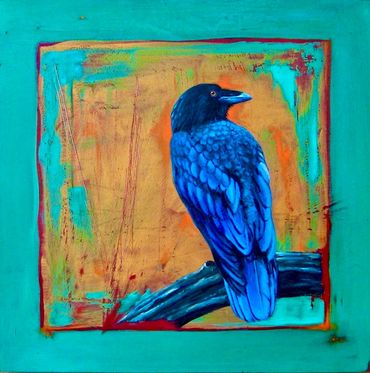 Garden Guardian raven oil painting by Karen Clarkson