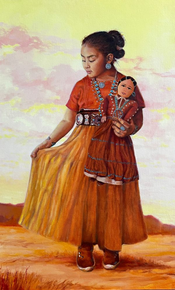 Young Navajo girl greeting the morning with her favorite doll.