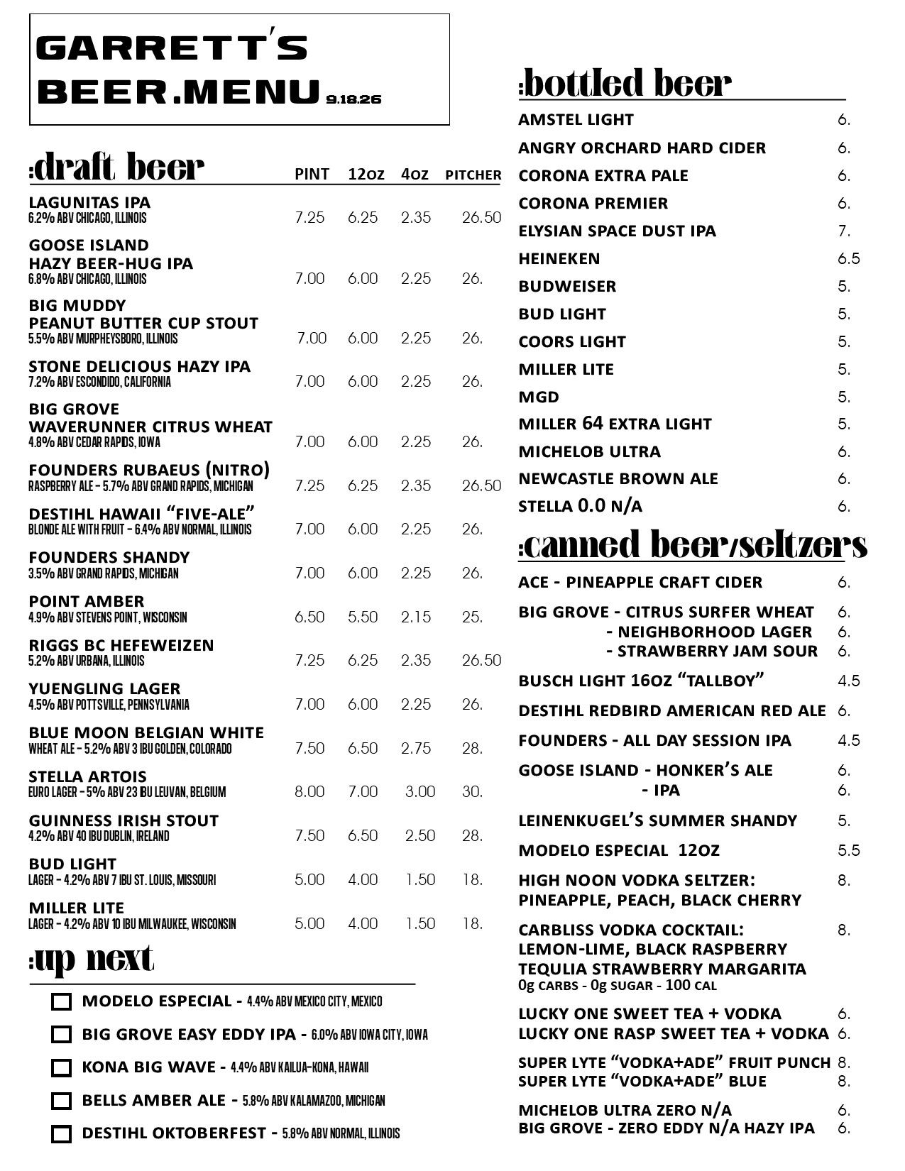 Garrett's detailed beer menu with draft, bottled, and canned options.