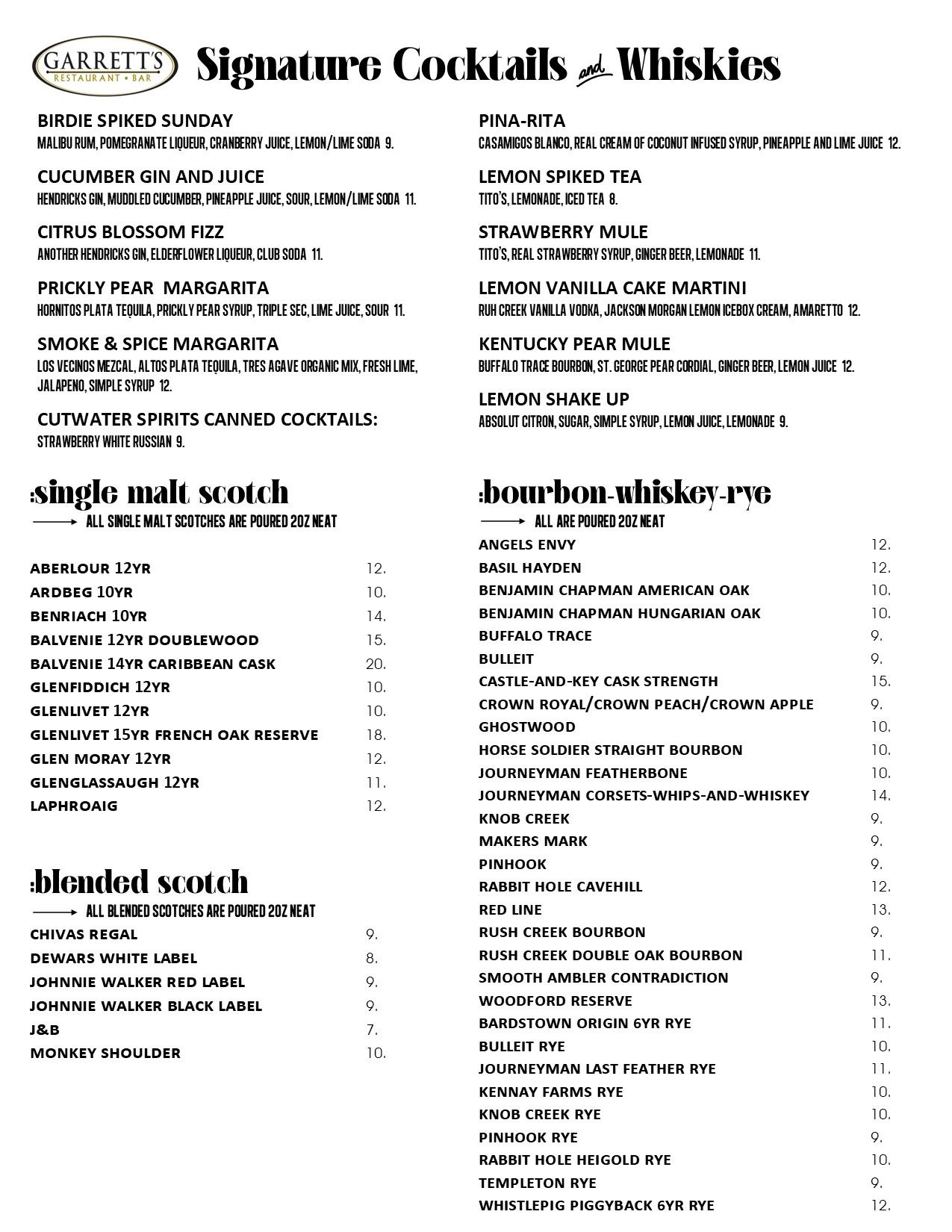 Garrett's Signature Cocktails and Whiskies menu with various drinks and whiskey options.