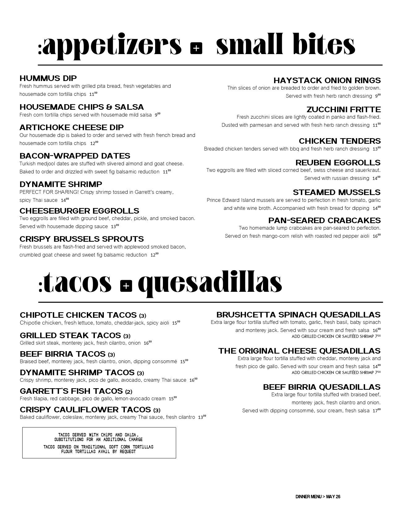 Menu showing appetizers, small bites, tacos, and quesadillas with descriptions and prices.