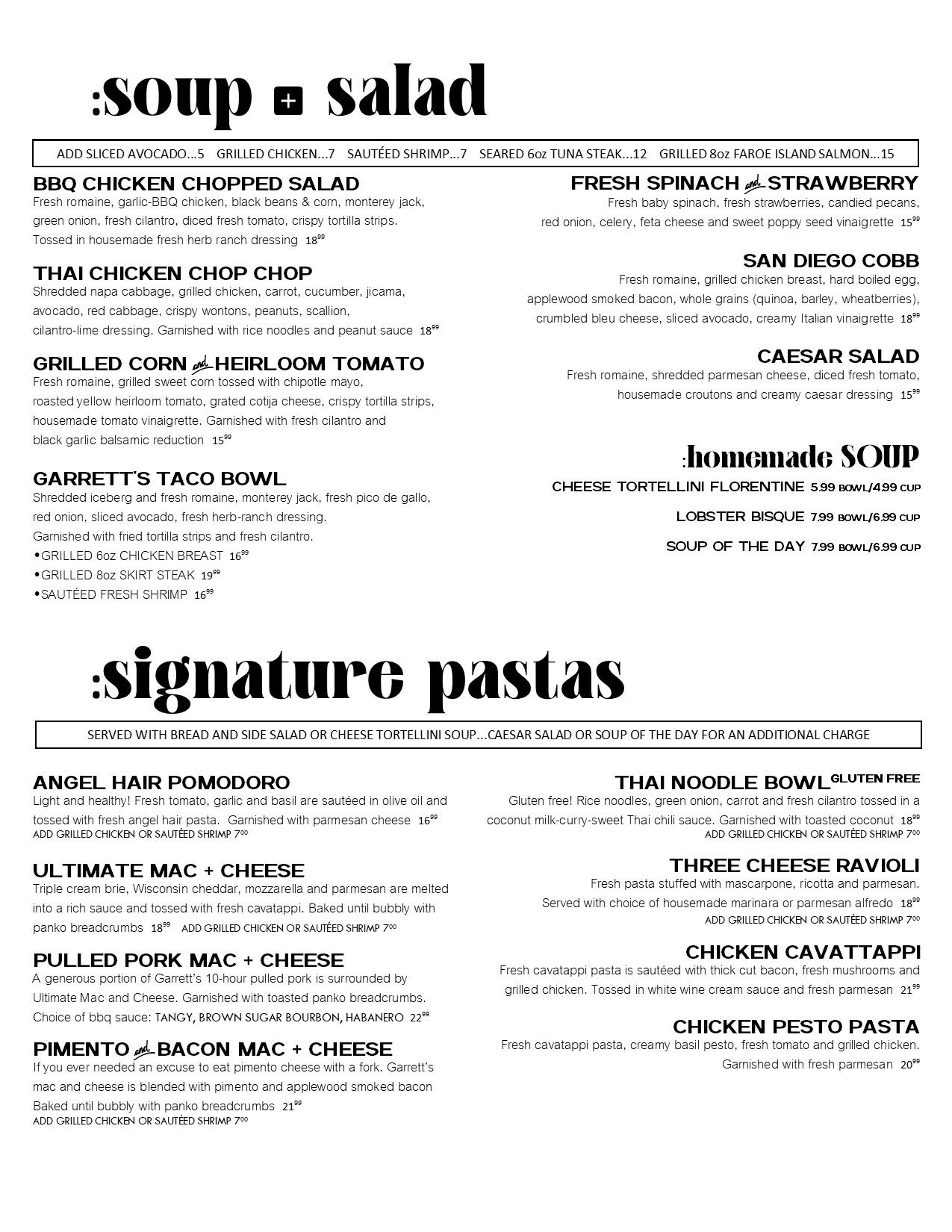 Menu featuring soup, salad, and signature pastas with various options and prices.