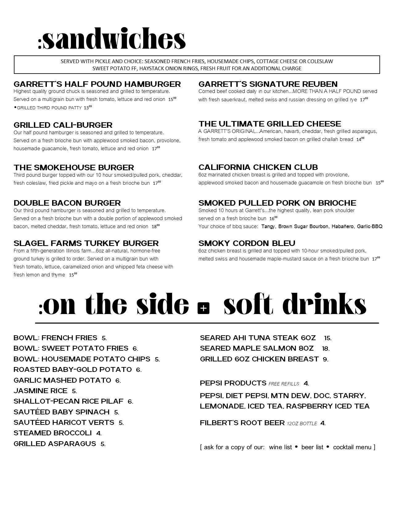 Menu featuring sandwiches, sides, and soft drinks with various options and prices.