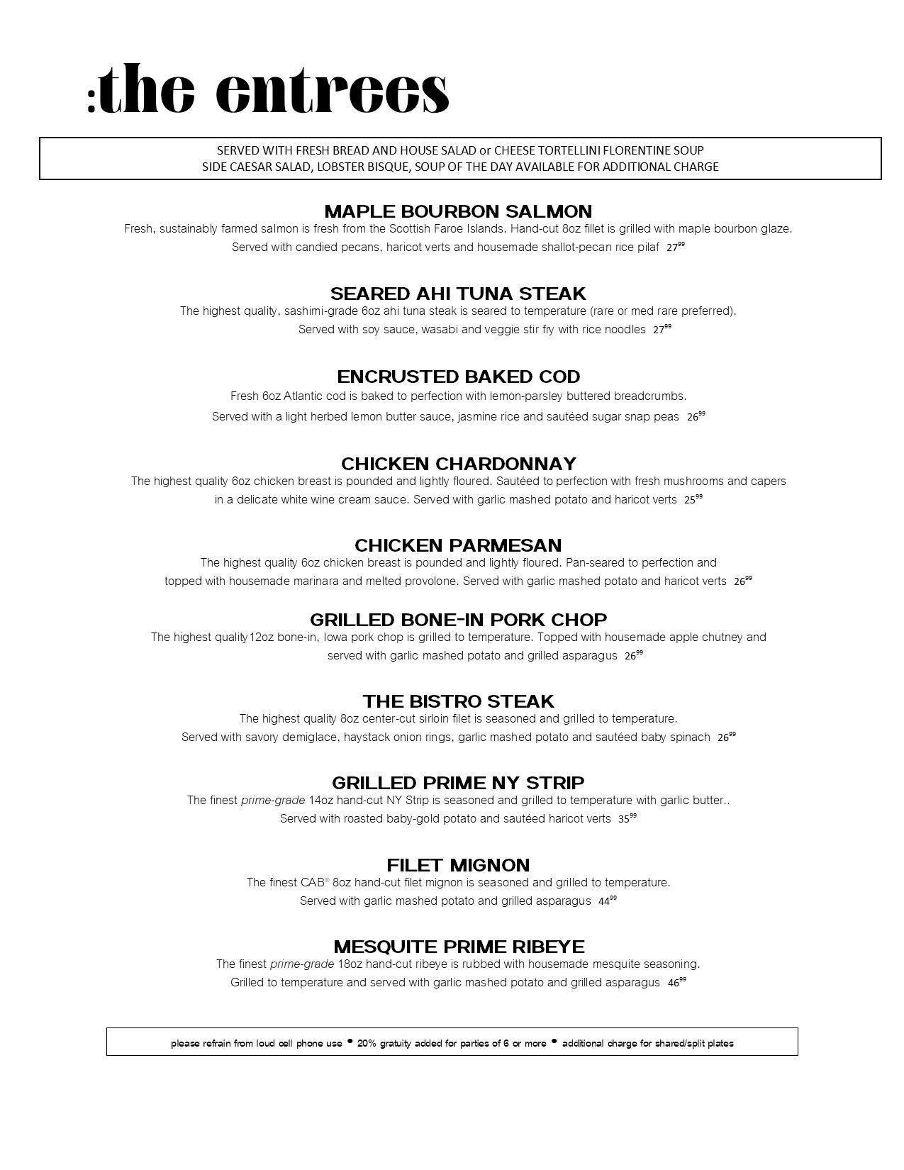 Menu listing gourmet entrees with prices and descriptions.