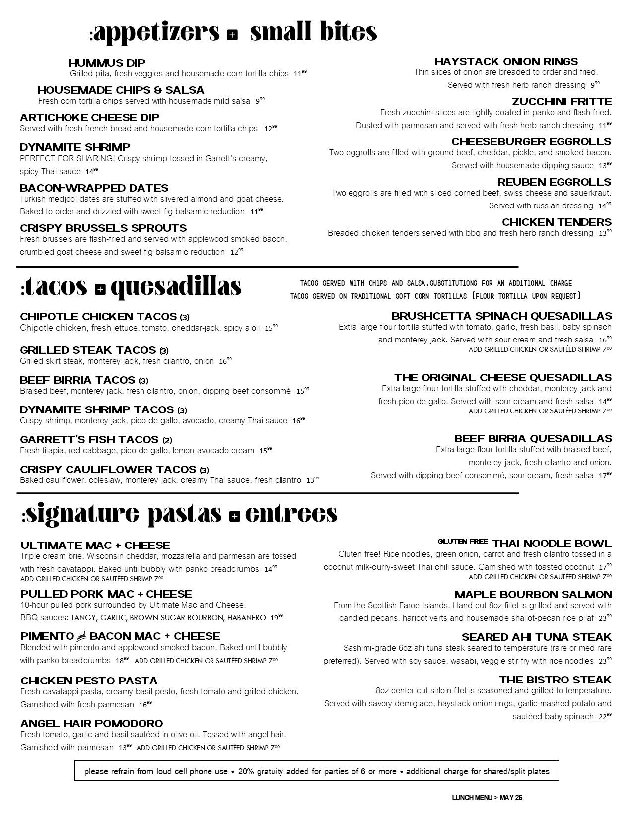 Restaurant lunch menu featuring appetizers, tacos, quesadillas, pastas, and entrees with prices.