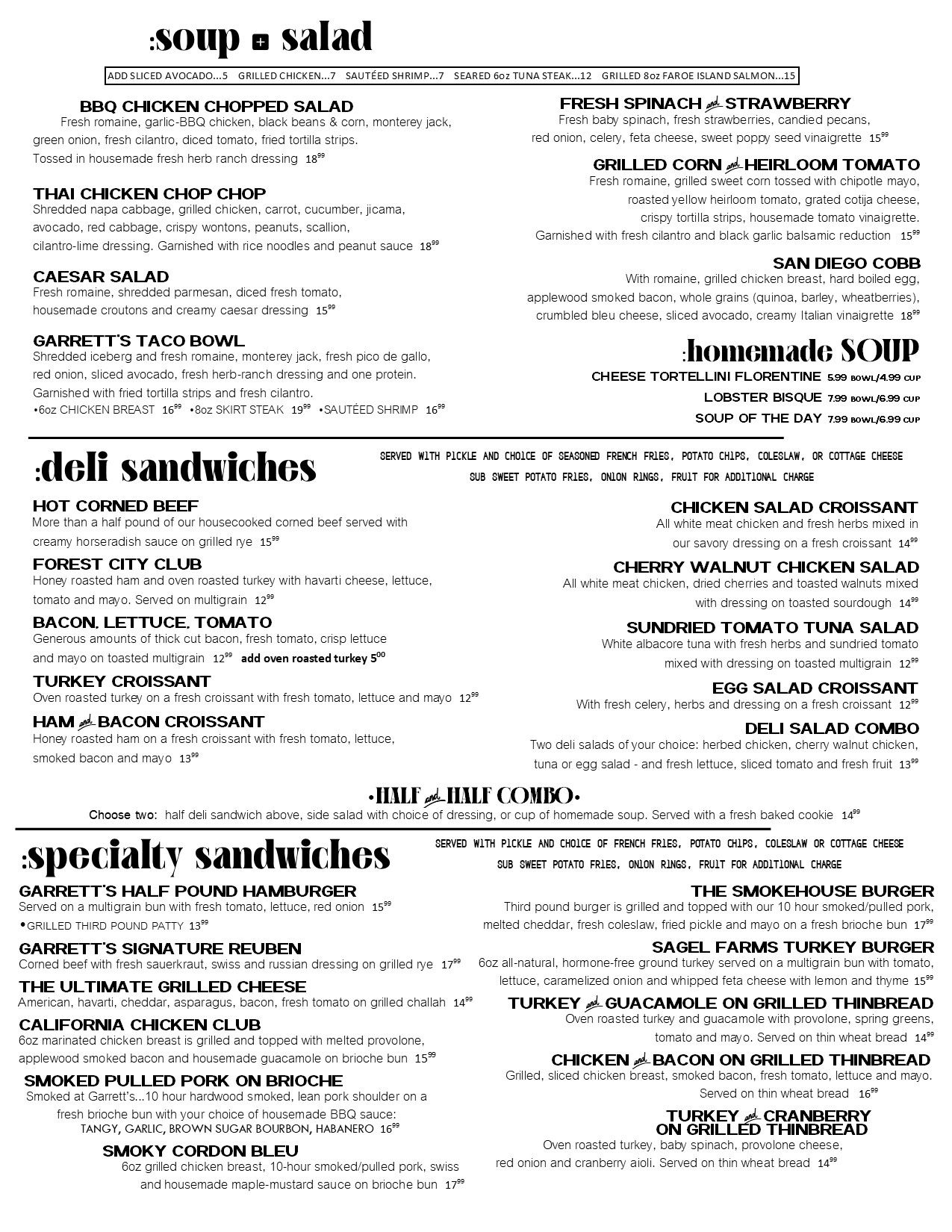 Restaurant menu with soups, salads, deli and specialty sandwiches