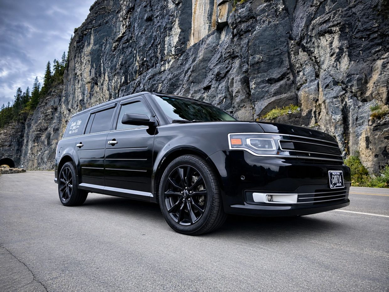 Good Vibe Rides Black Ford Flex SUV fully loaded in Glacier National Park