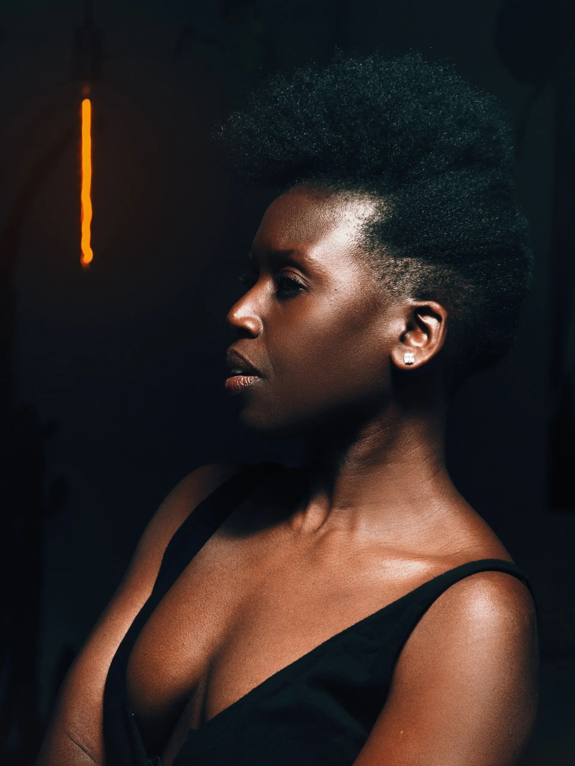 Profile portrait of a woman with natural hair in dramatic lighting.