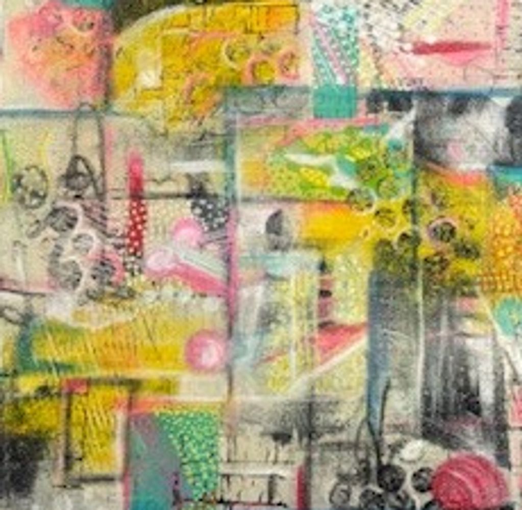 Abstract artwork with vibrant colors and geometric shapes.