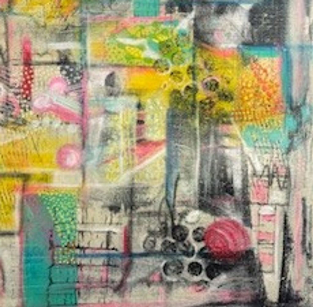 Abstract artwork with vibrant colors and geometric shapes.