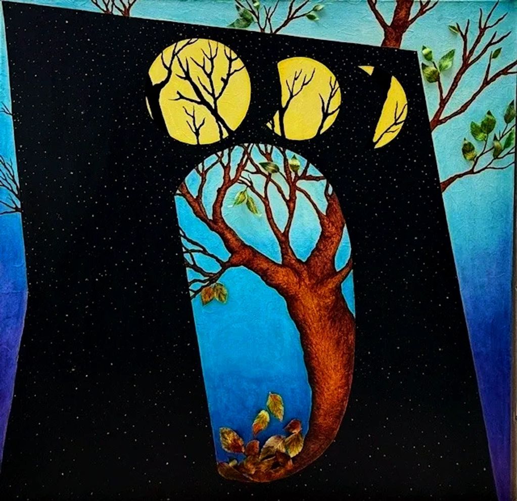 acrylic, attached leaves, phases of the moon, tree