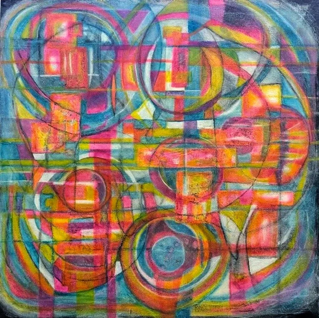 Acrylic, oil pastels and soft pastels paper on canvas