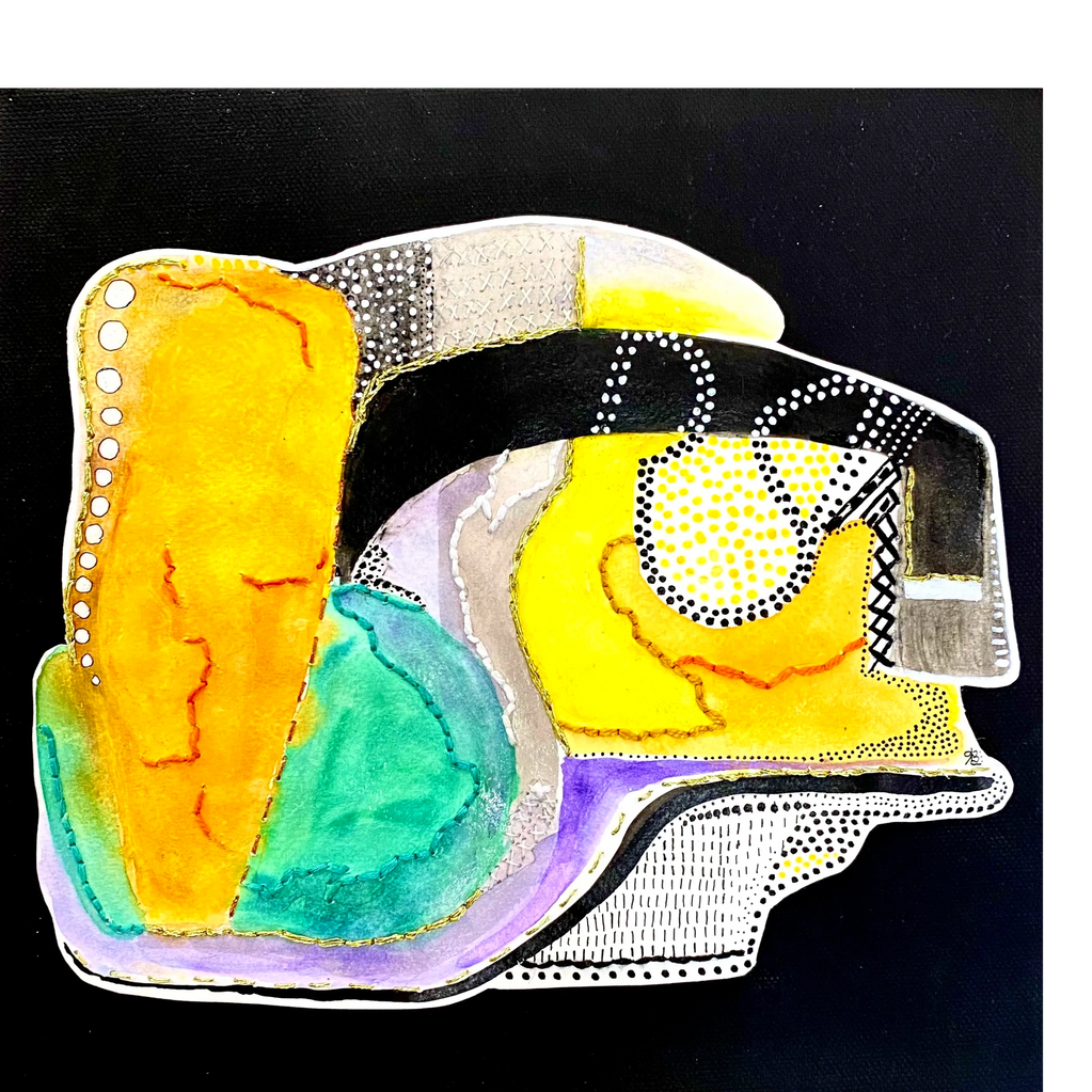 Watercolor, acrylic, ink and hand stitching om paper mounted on canvas.  12" x 12" POR