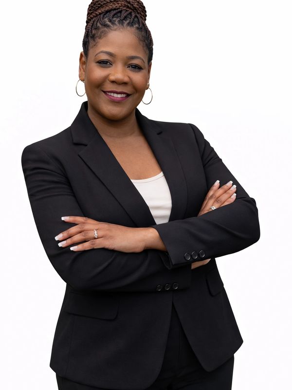 Confident woman in a black suit with arms crossed and a warm smile.