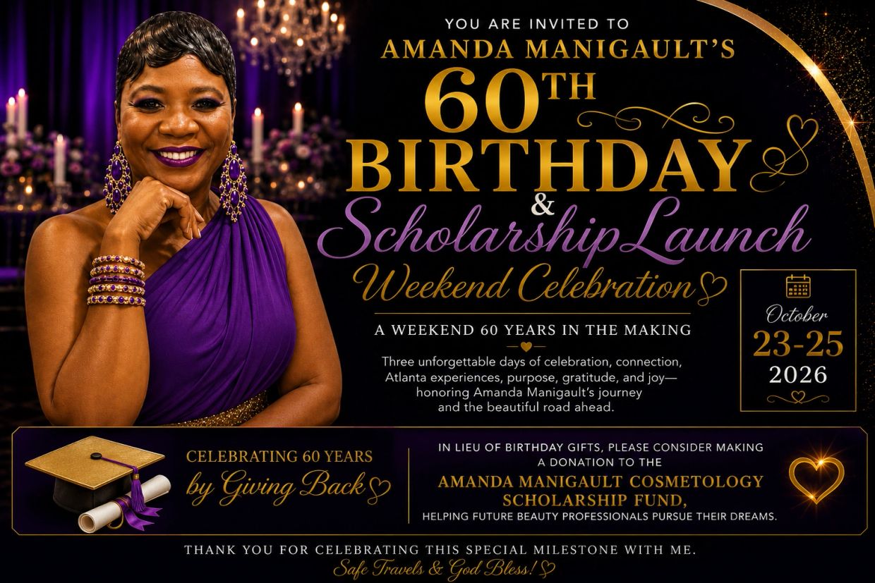Invitation to Amanda Manigault's 60th birthday and scholarship launch weekend celebration.