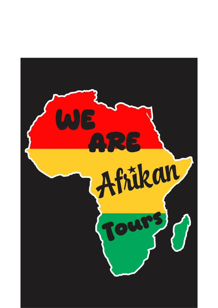 Map of Africa with red, yellow, green colors and text 'We Are Afrikan Tours'.